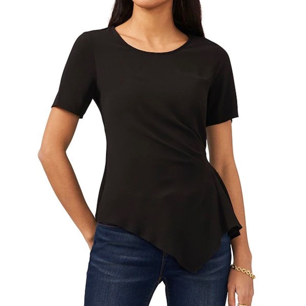 Short Sleeve Round Neck Gathered Side Asymmetrical Blouse